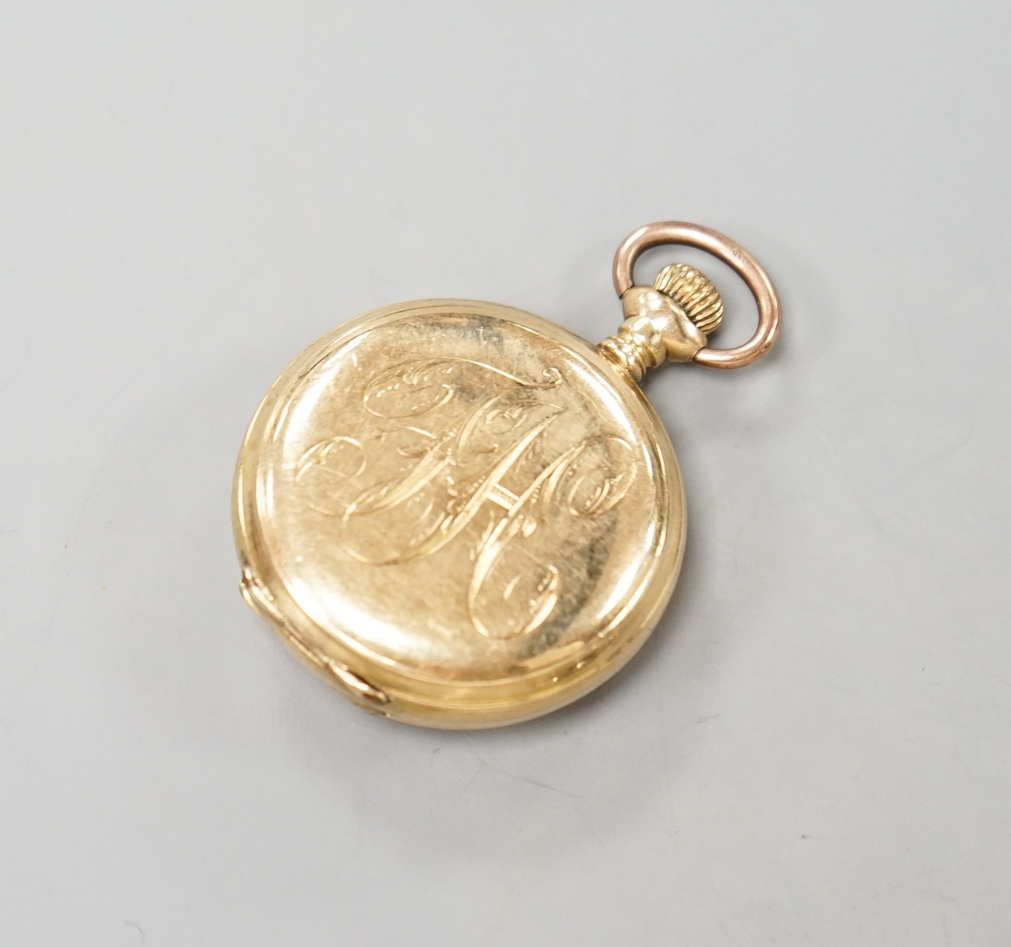 An early 20th century 14kt and rose cut diamond set Waltham hunter keyless fob watch